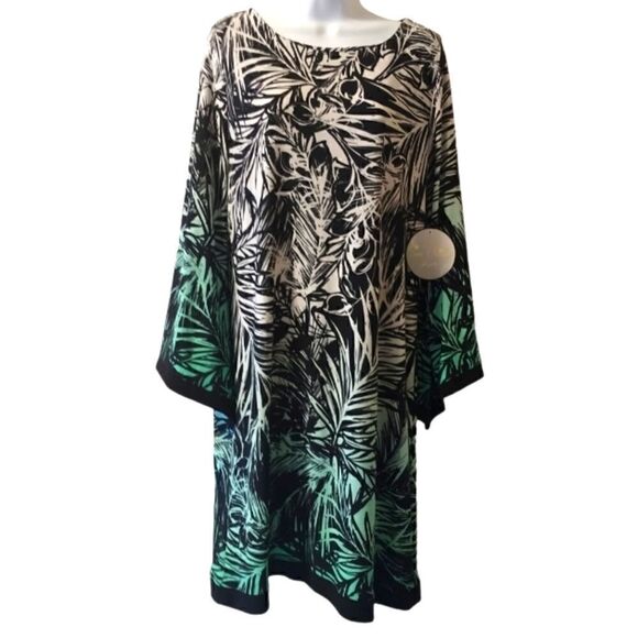 Emma & Michelle black, white, aqua tropical fauna dress size L - Picture 2 of 8
